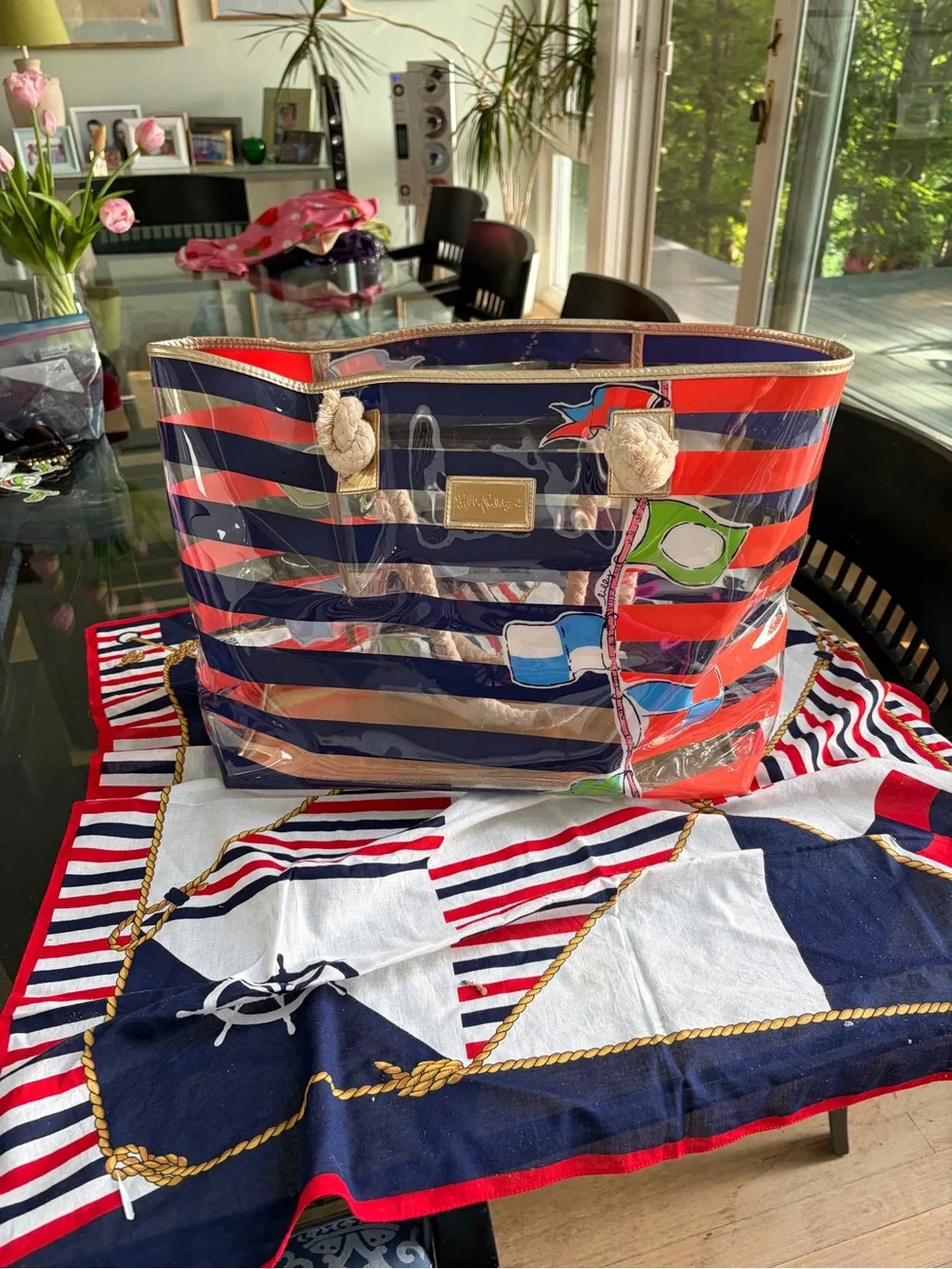 Source Unknown Nautical Print Silk Scarf in Red, White & Blue